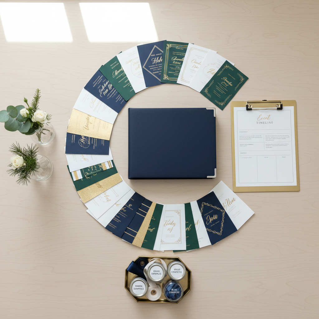 A meticulously arranged flat lay of sophisticated party planning essentials on a smooth, pale oak tabletop. A sleek, closed navy-blue event binder with silver corner protectors sits centrally, surrounded by color-coordinated swatch cards, metallic foil invitation samples, and a polished brass clipboard holding a minimalist event timeline. Nearby, two crystal-clear vases display artfully composed greenery, and a small tray holds labeled glass jars filled with ribbon segments and confetti samples. Soft, diffused natural daylight from an unseen window washes across the scene, creating gentle, professional shadows and subtle reflections. Photographic realism, shot from a perfectly overhead, bird’s-eye view with crisp focus across the entire frame, conveying a clean, organized, and highly professional event planning aesthetic suited for a Bozeman, MT consultancy.
