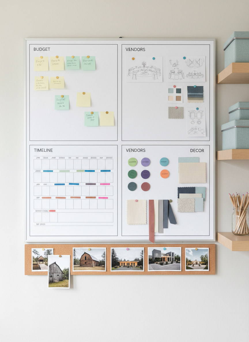 A detailed wall-mounted event planning board in a stylish home office, featuring a large matte-white magnetic surface divided into clearly labeled sections for budget, timeline, vendors, and decor. Neatly arranged pastel sticky notes, printed timeline strips, and small color-coded magnets hold swatches of textured linen, ribbon, and paper. A cork strip along the bottom displays pinned venue photos from Bozeman, MT, including rustic barns and modern halls. On a nearby floating shelf, coordinated storage boxes and a glass jar of finely sharpened pencils add structure. Soft, indirect daylight from the side creates a balanced, low-contrast illumination, emphasizing clarity and order. Photographic realism, shot straight-on with sharp focus, conveying a professional, methodical, and trustworthy event consultation process.