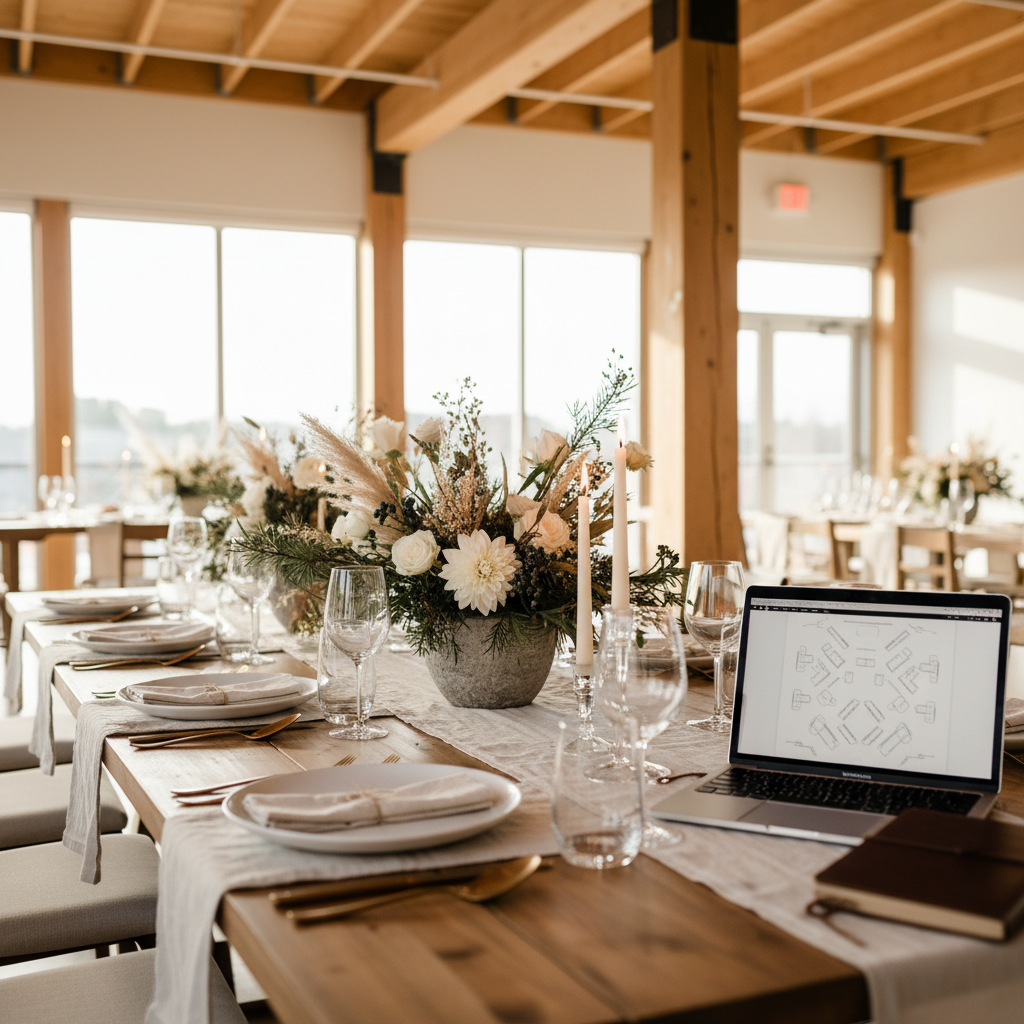 An elegantly decorated event concept table set within a bright, modern loft-style venue with large, unseen windows casting soft afternoon light. A long natural-wood table is styled with coordinated place settings: matte white plates on textured linen runners, brushed-gold flatware, and crystal-clear stemware arranged with precision. In the center, a structured arrangement of seasonal Montana-inspired foliage and neutral florals stands in a stone-textured vase, flanked by slender glass candle holders. At the far end of the table, an open leather-bound planning notebook and a silver laptop display a subtle event layout on screen. Photographic realism, captured at eye level along the table’s length with a shallow depth of field, creating a calm, polished atmosphere that communicates thoughtful, high-end event planning.