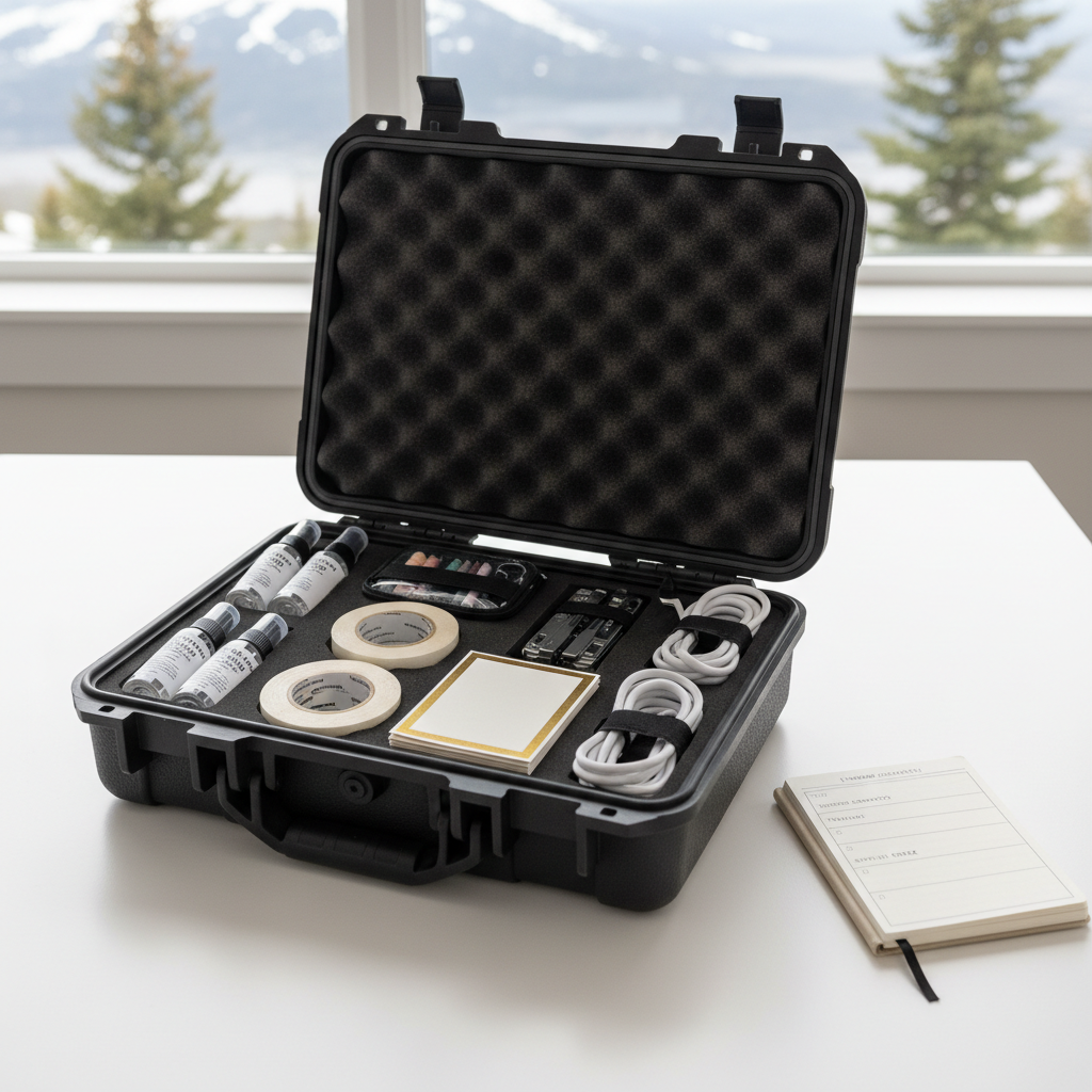 A meticulously organized event emergency kit laid open on a clean white table, showcasing the behind-the-scenes preparation of a professional planner. A structured charcoal-gray hard case reveals custom-cut foam compartments holding labeled mini spray bottles, a compact sewing kit, rolls of clear tape, spare place cards, a slim toolkit, and neatly coiled extension cords secured with velcro straps. Alongside, a small, bound checklist notebook lies open with tidy printed headings. Soft overhead studio lighting creates even illumination with subtle, realistic shadows, emphasizing the textures of plastic, metal, and paper. Photographic realism, captured from a slightly elevated angle with sharp focus, conveying competence, preparedness, and the quiet professionalism that supports stress-free parties and events in Bozeman.