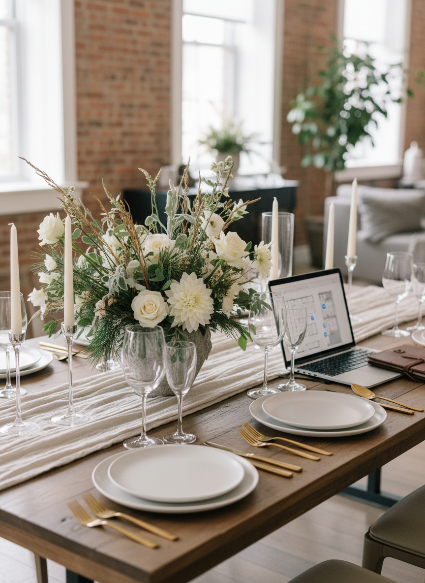 An elegantly decorated event concept table set within a bright, modern loft-style venue with large, unseen windows casting soft afternoon light. A long natural-wood table is styled with coordinated place settings: matte white plates on textured linen runners, brushed-gold flatware, and crystal-clear stemware arranged with precision. In the center, a structured arrangement of seasonal Montana-inspired foliage and neutral florals stands in a stone-textured vase, flanked by slender glass candle holders. At the far end of the table, an open leather-bound planning notebook and a silver laptop display a subtle event layout on screen. Photographic realism, captured at eye level along the table’s length with a shallow depth of field, creating a calm, polished atmosphere that communicates thoughtful, high-end event planning.