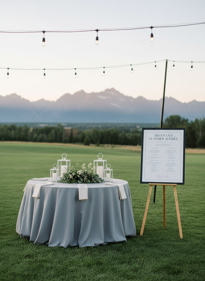 A refined outdoor party mockup set on a wide, manicured lawn with distant, softly blurred silhouettes of the Montana mountains under a clear early-evening sky. In the foreground, a single round table draped in a smooth, dove-gray linen cloth is elegantly styled with a compact centerpiece of local greenery, minimalist white lanterns, and carefully folded napkins. Beside the table, an easel holds a large, framed, professionally printed event schedule with clean typography. Discreet string lights extend overhead, unlit but adding structure to the scene. Photographic realism with a slightly elevated angle and moderate depth of field, capturing crisp detail on the table while allowing the background landscape to remain soft. The mood is composed and aspirational, highlighting outdoor event possibilities planned with precision.